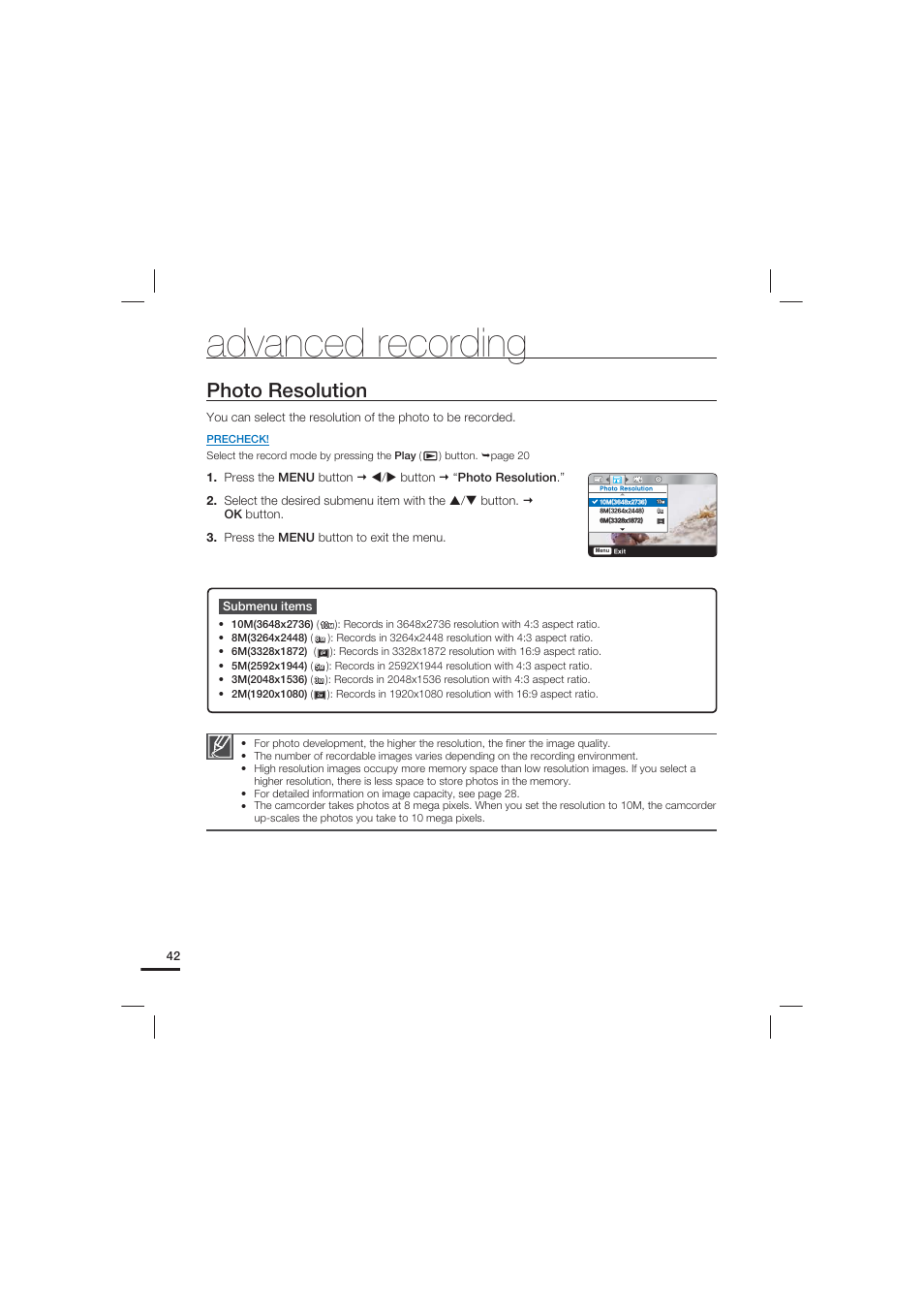 Photo resolution, Advanced recording | Samsung HMX-U20LN-XAC User Manual | Page 52 / 94