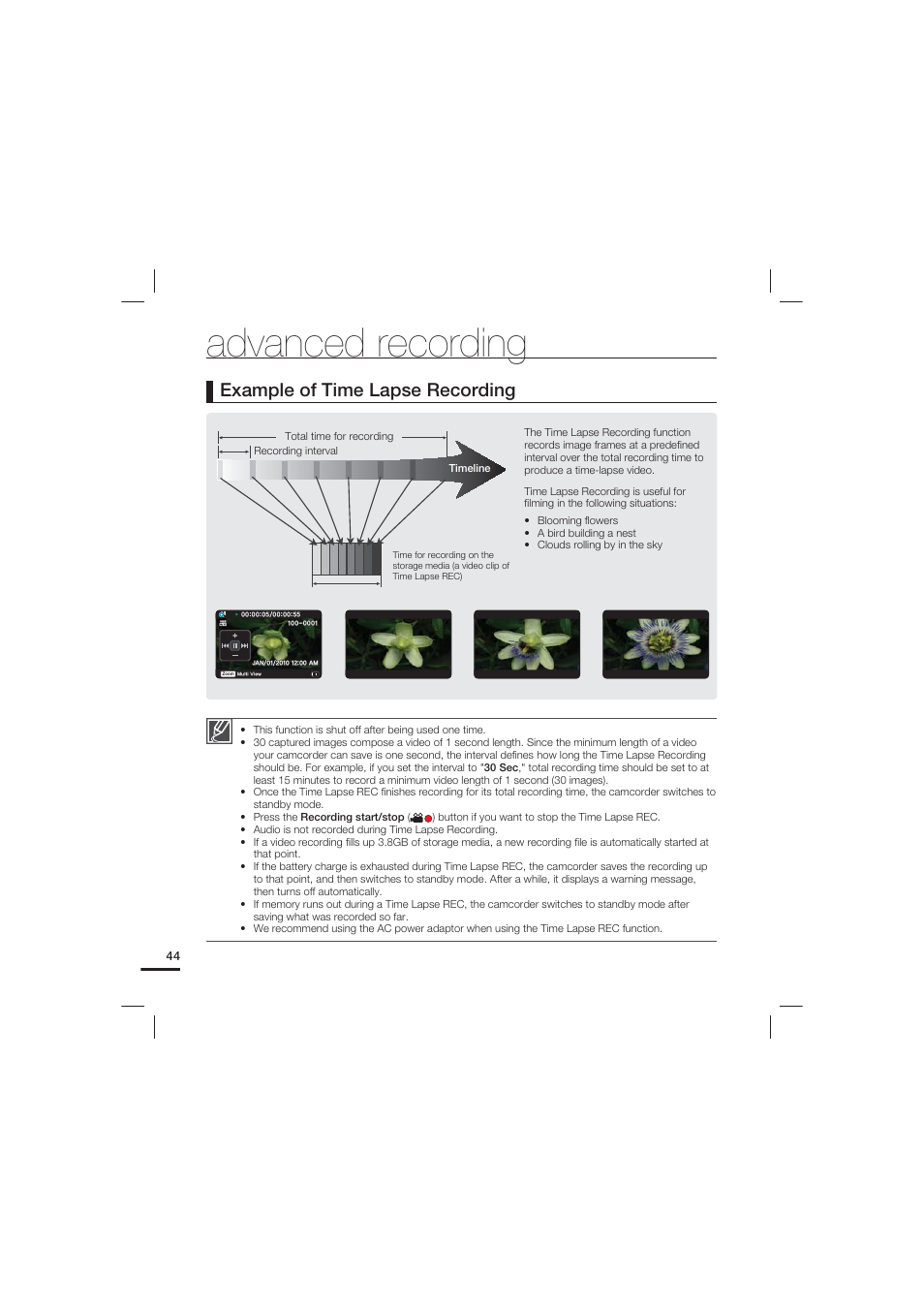 Advanced recording, Example of time lapse recording | Samsung HMX-U20LN-XAC User Manual | Page 54 / 94