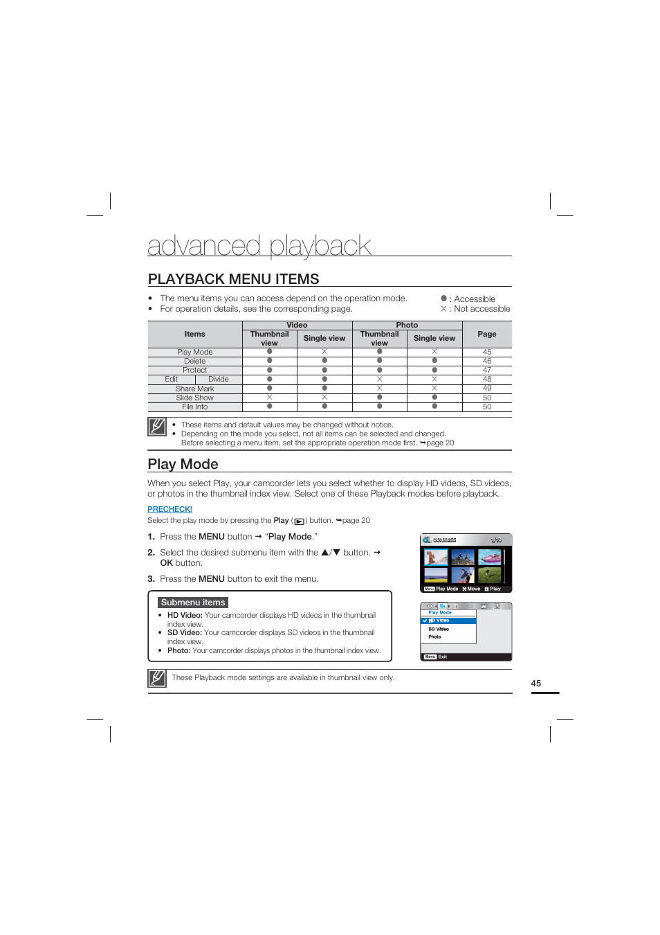 Advanced playback, Playback menu items, Play mode | Samsung HMX-U20LN-XAC User Manual | Page 55 / 94