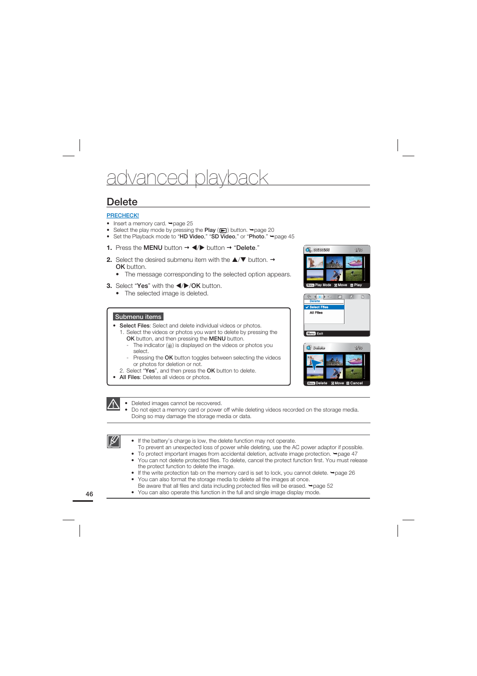 Delete, Advanced playback | Samsung HMX-U20LN-XAC User Manual | Page 56 / 94