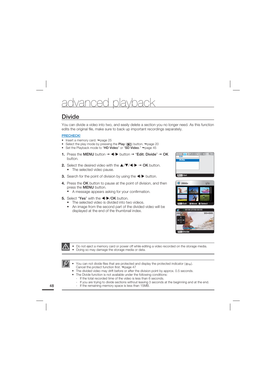 Divide, Advanced playback | Samsung HMX-U20LN-XAC User Manual | Page 58 / 94