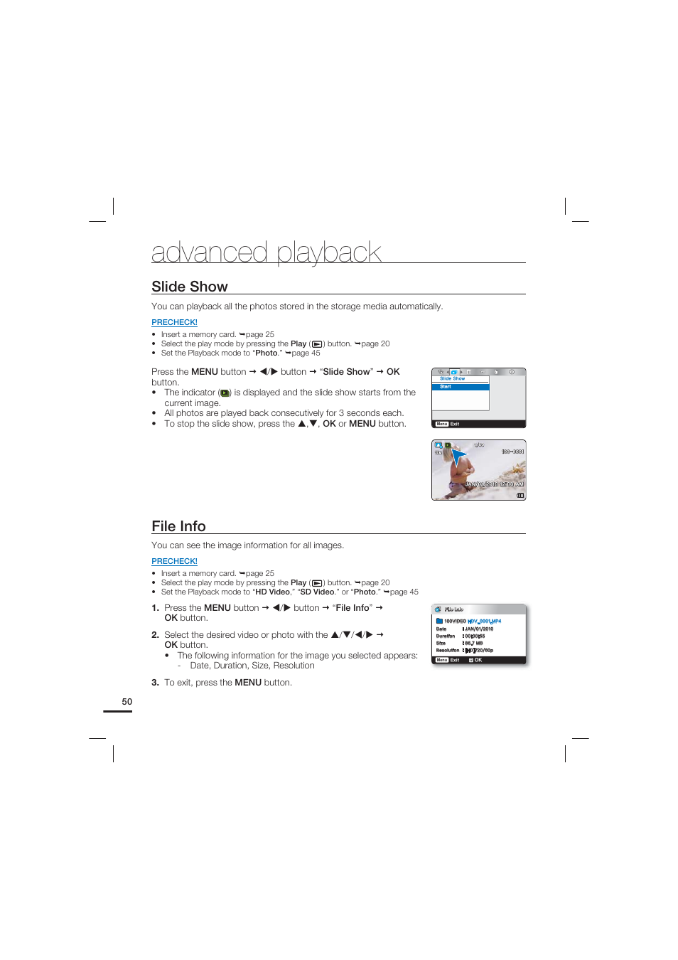 Slide show, File info, Advanced playback | Samsung HMX-U20LN-XAC User Manual | Page 60 / 94