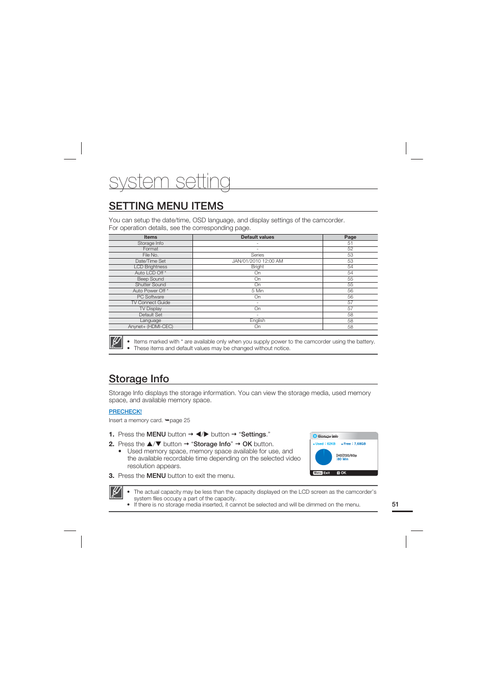 System setting, Setting menu items, Storage info | Samsung HMX-U20LN-XAC User Manual | Page 61 / 94