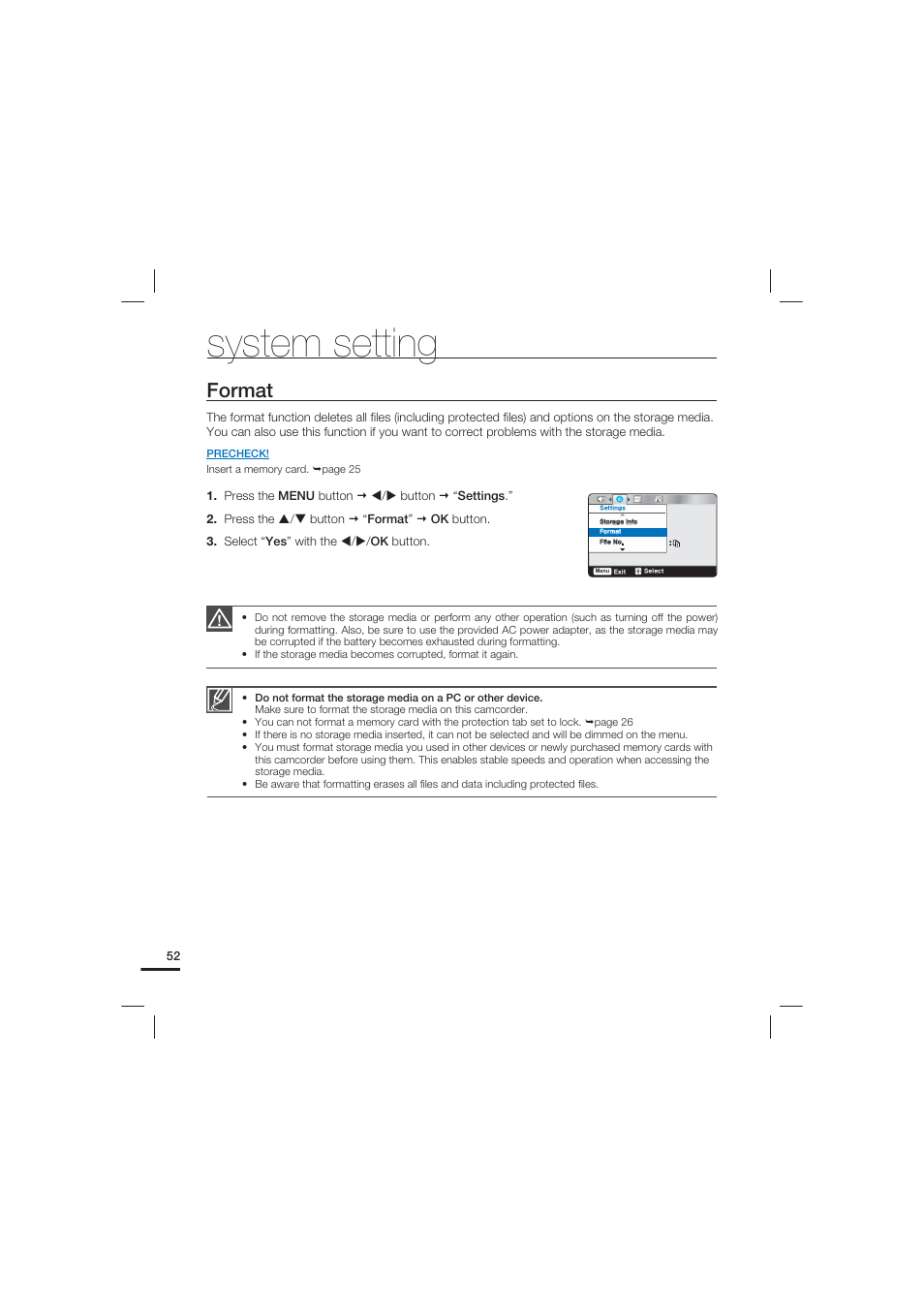 Format, System setting | Samsung HMX-U20LN-XAC User Manual | Page 62 / 94