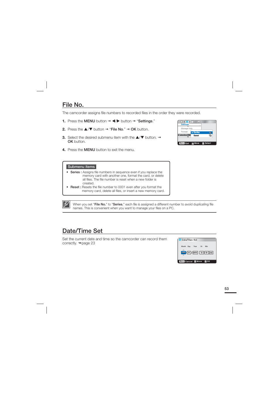 File no, Date/time set | Samsung HMX-U20LN-XAC User Manual | Page 63 / 94