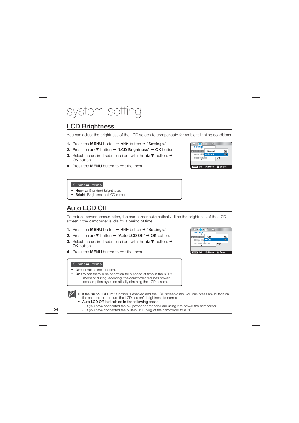 Lcd brightness, Auto lcd off, System setting | Samsung HMX-U20LN-XAC User Manual | Page 64 / 94