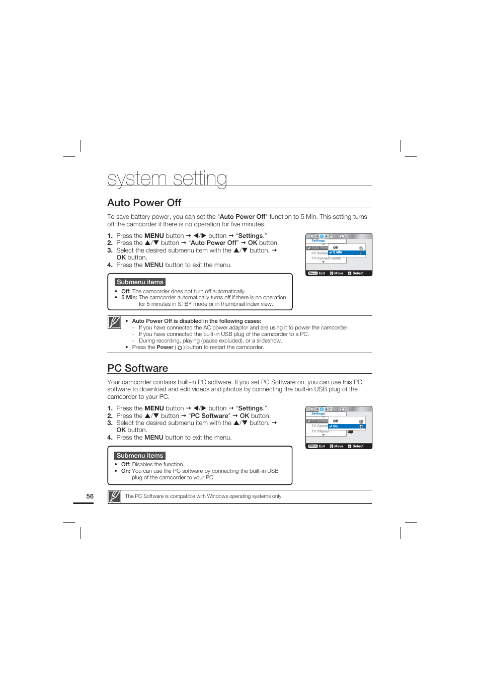 Auto power off, Pc software, System setting | Samsung HMX-U20LN-XAC User Manual | Page 66 / 94