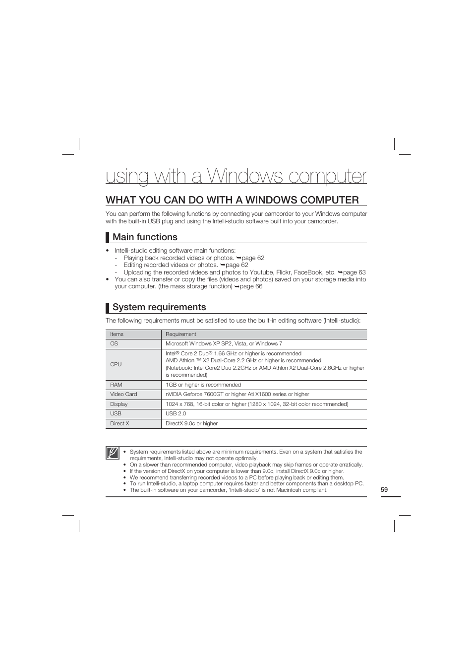 Using with a windows computer, What you can do with a windows computer, System requirements | Main functions | Samsung HMX-U20LN-XAC User Manual | Page 69 / 94