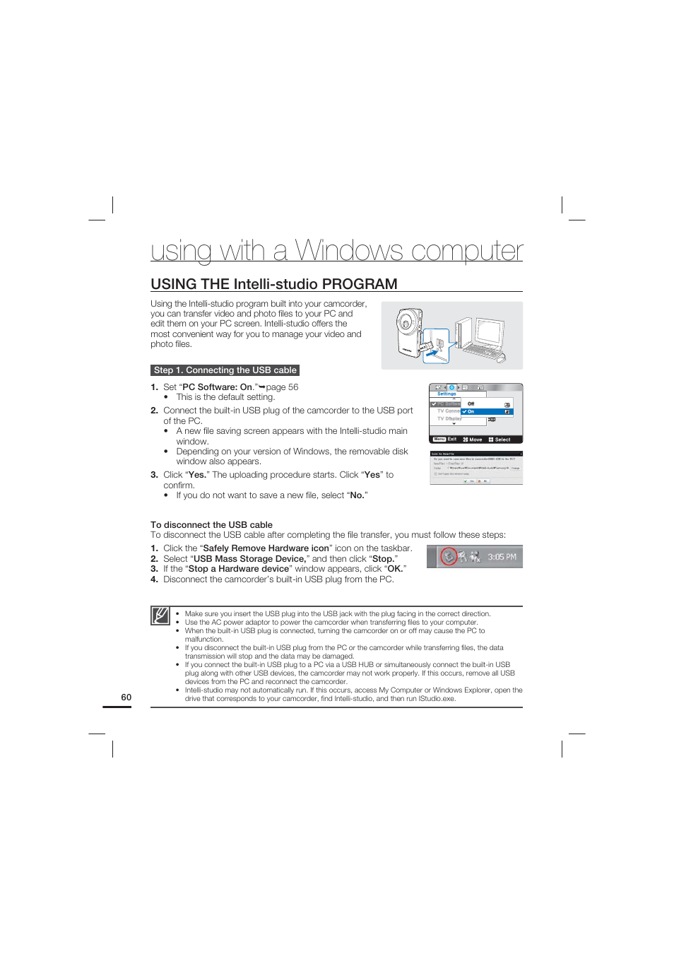 Using the intelli-studio program, Using with a windows computer | Samsung HMX-U20LN-XAC User Manual | Page 70 / 94