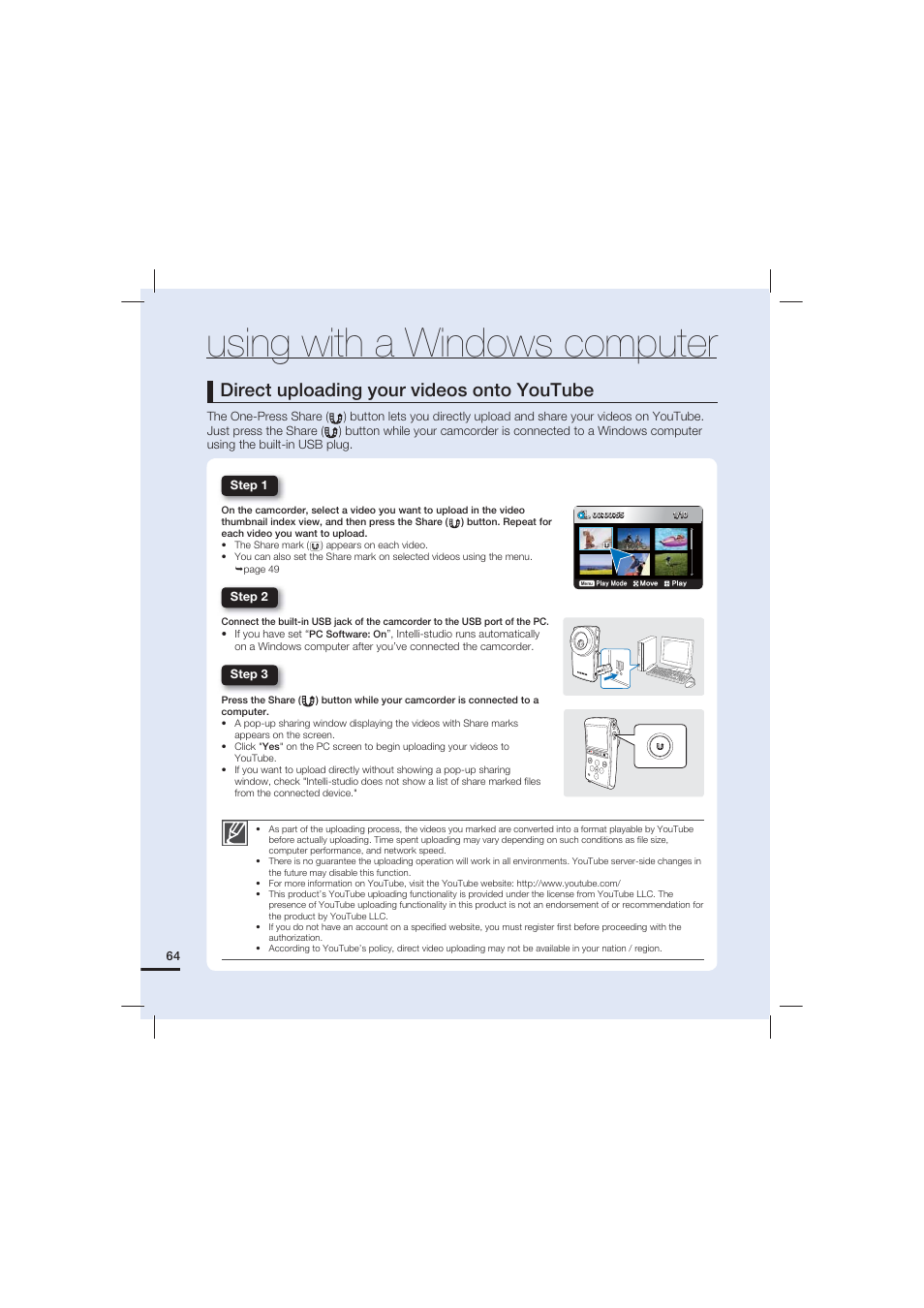 Using with a windows computer, Direct uploading your videos onto youtube | Samsung HMX-U20LN-XAC User Manual | Page 74 / 94