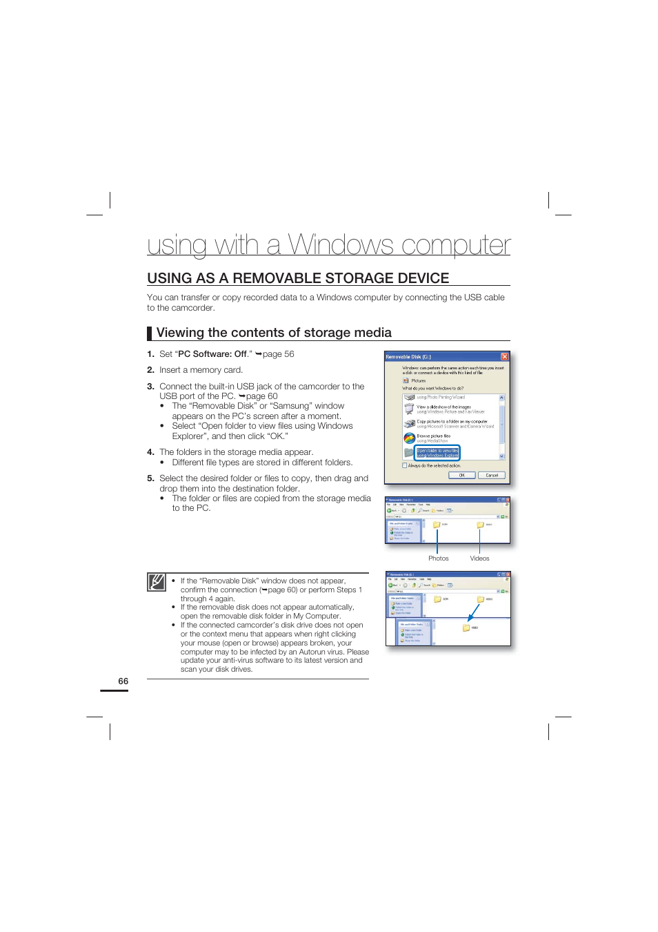 Using as a removable storage device, Using with a windows computer, Viewing the contents of storage media | Samsung HMX-U20LN-XAC User Manual | Page 76 / 94