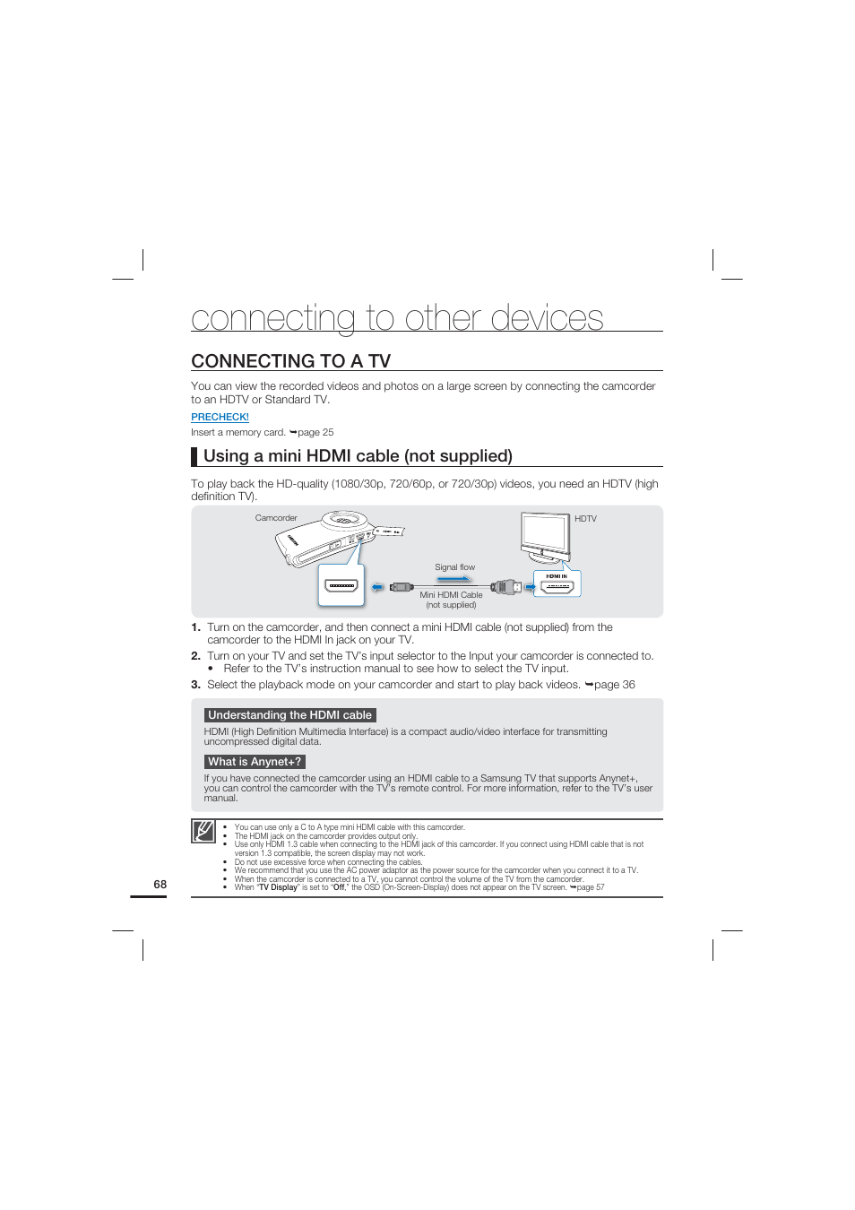 Connecting to other devices, Connecting to a tv, Using a mini hdmi cable (not supplied) | Samsung HMX-U20LN-XAC User Manual | Page 78 / 94