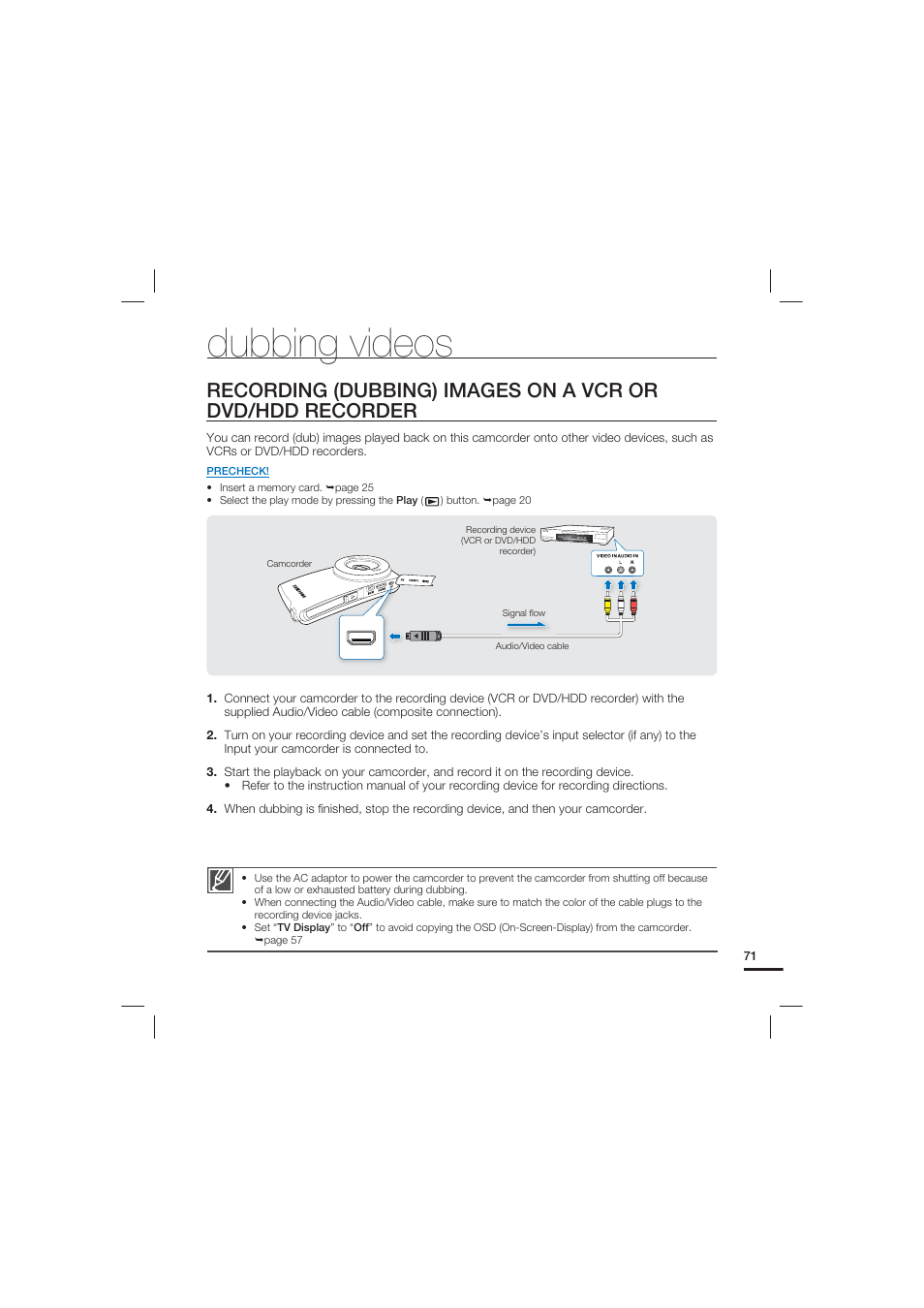 Dubbing videos, Recording (dubbing) images on a vcr or, Dvd/hdd recorder | Samsung HMX-U20LN-XAC User Manual | Page 81 / 94