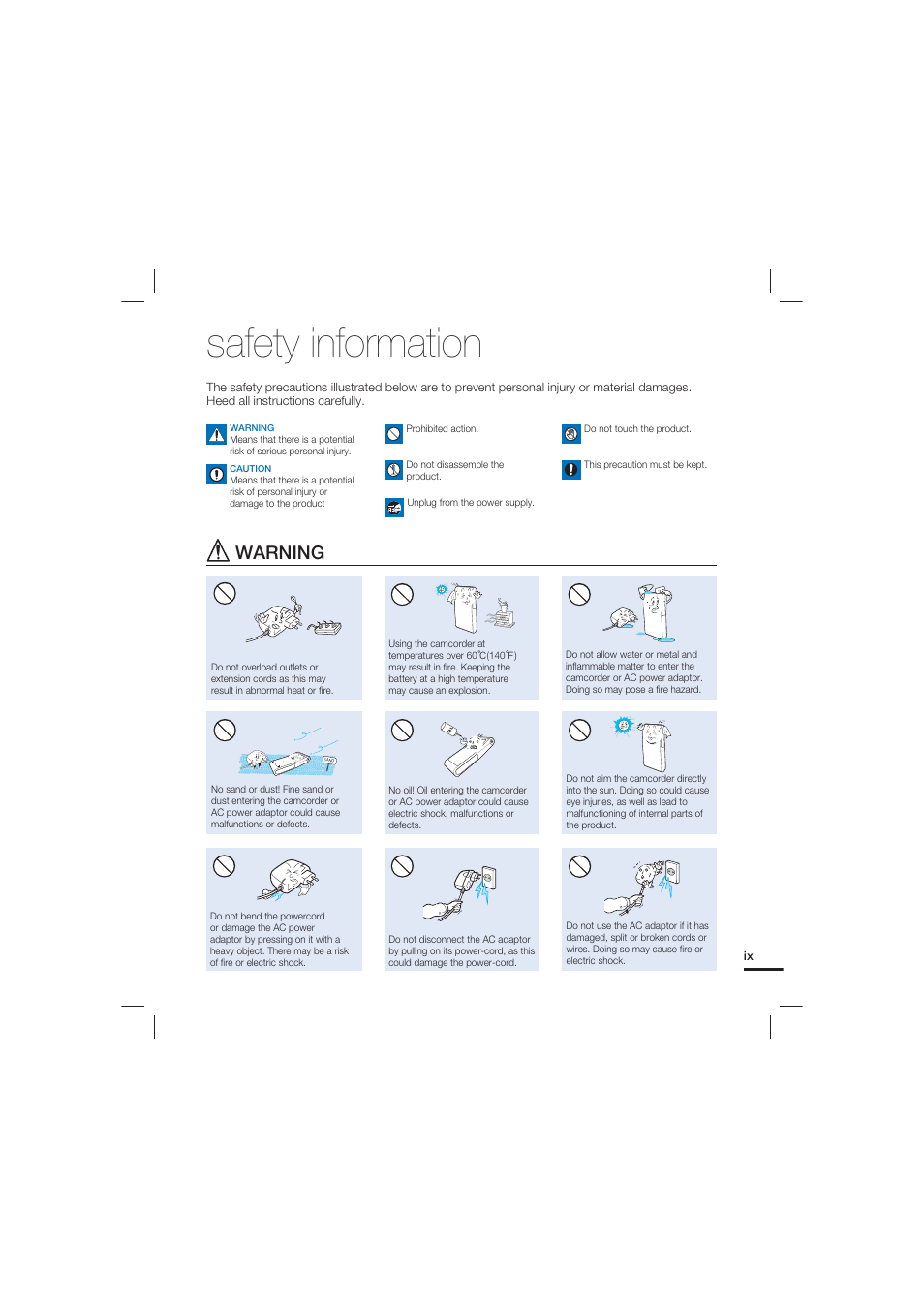 Safety information, Warning | Samsung HMX-U20LN-XAC User Manual | Page 9 / 94