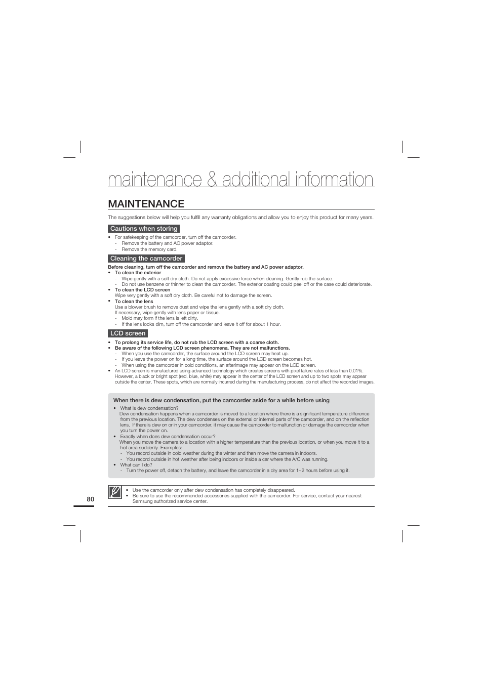 Maintenance & additional information, Maintenance | Samsung HMX-U20LN-XAC User Manual | Page 90 / 94