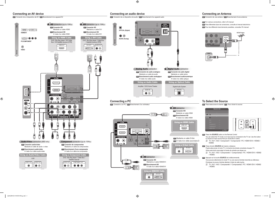 Connecting a pc, Connecting an av device, Connecting an audio device | Connecting an antenna | Samsung LN32B540P8DUZA User Manual | Page 2 / 2