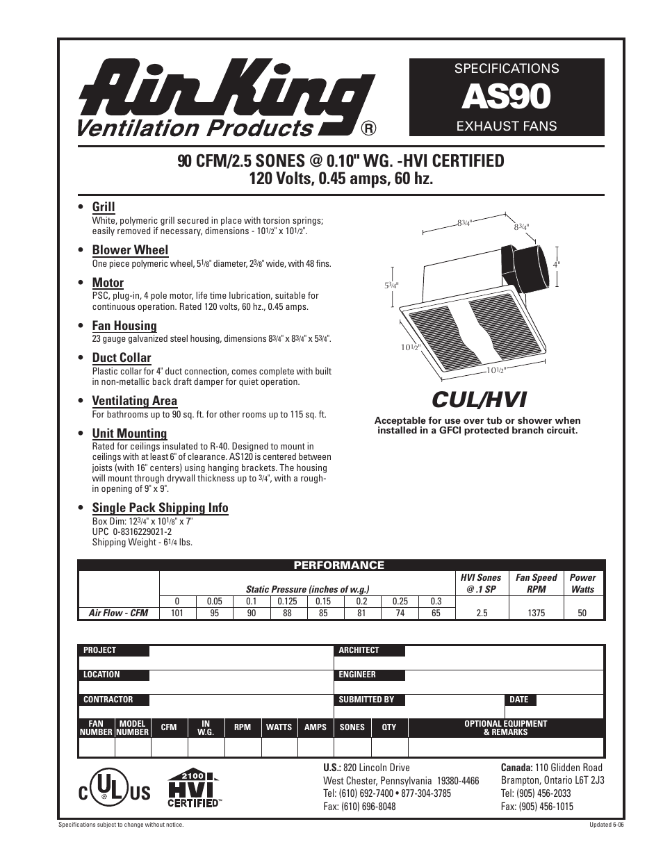 Air King EXHAUST FANS AS90 User Manual | 1 page