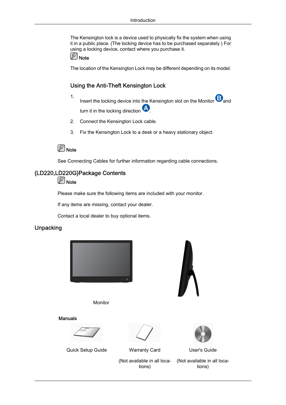 Ld220,ld220g}package contents, Unpacking | Samsung LS19LFUGFZ-ZC User Manual | Page 12 / 64