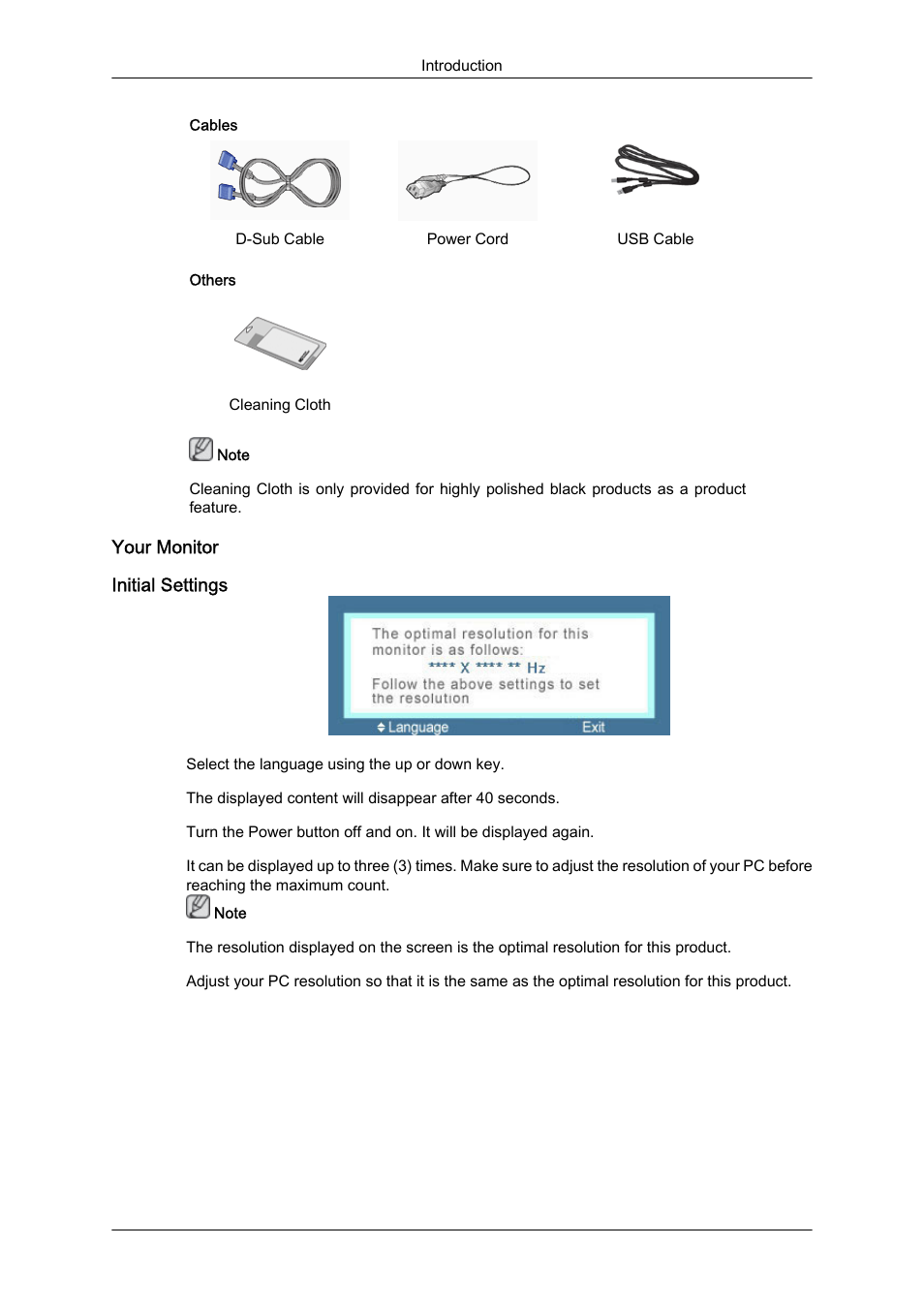 Your monitor, Initial settings | Samsung LS19LFUGFZ-ZC User Manual | Page 13 / 64