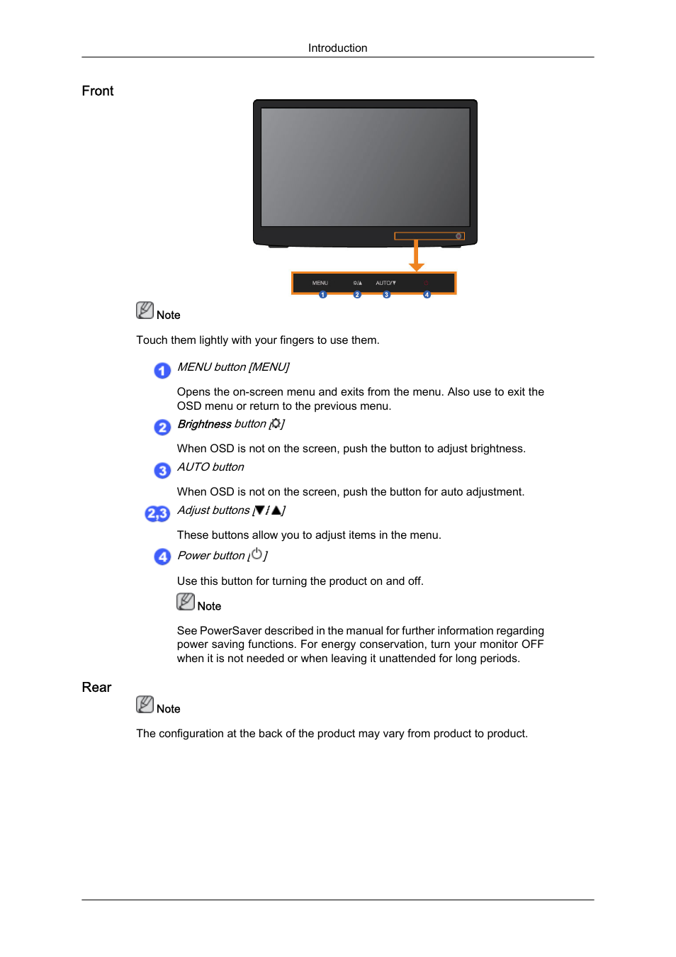 Front, Rear | Samsung LS19LFUGFZ-ZC User Manual | Page 14 / 64