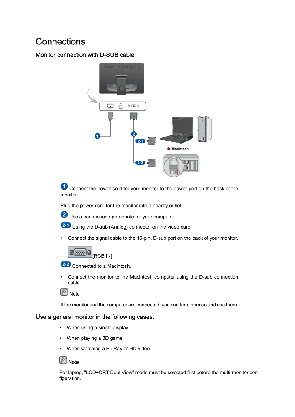 Connections, Monitor connection with d-sub cable, Use a general monitor in the following cases | Samsung LS19LFUGFZ-ZC User Manual | Page 17 / 64