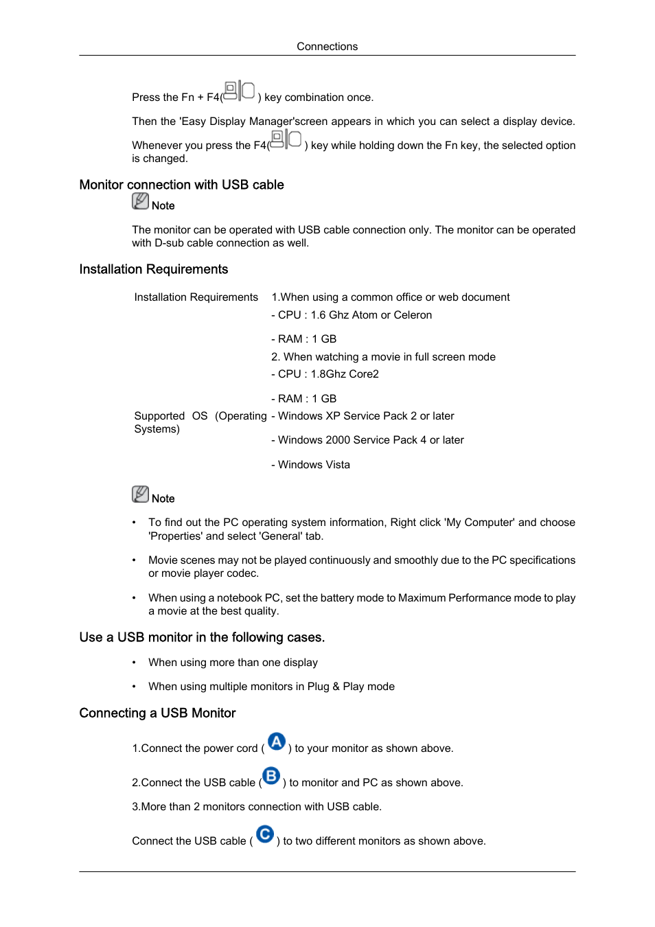 Monitor connection with usb cable, Installation requirements, Use a usb monitor in the following cases | Connecting a usb monitor | Samsung LS19LFUGFZ-ZC User Manual | Page 18 / 64