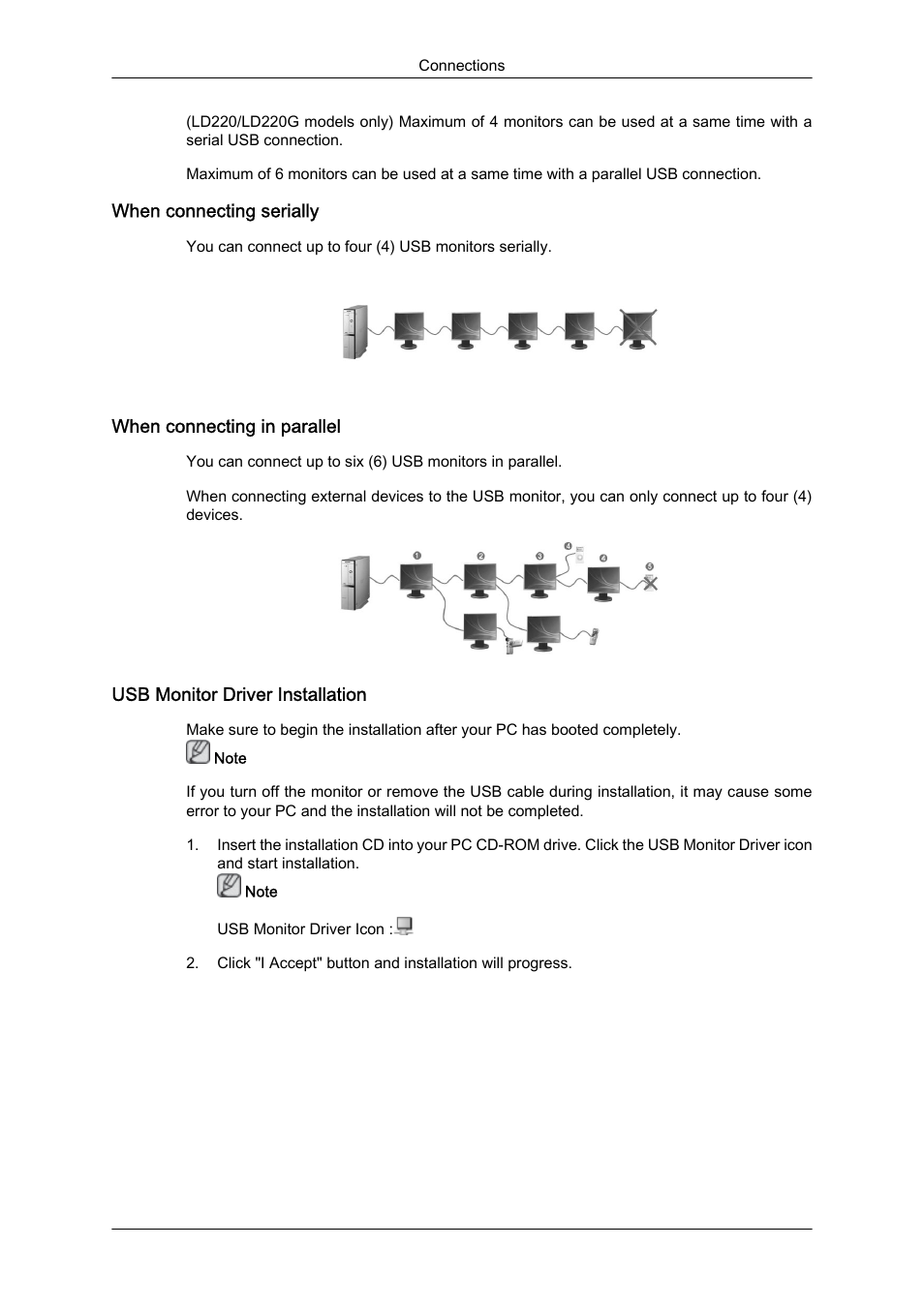 When connecting serially, When connecting in parallel, Usb monitor driver installation | Samsung LS19LFUGFZ-ZC User Manual | Page 19 / 64