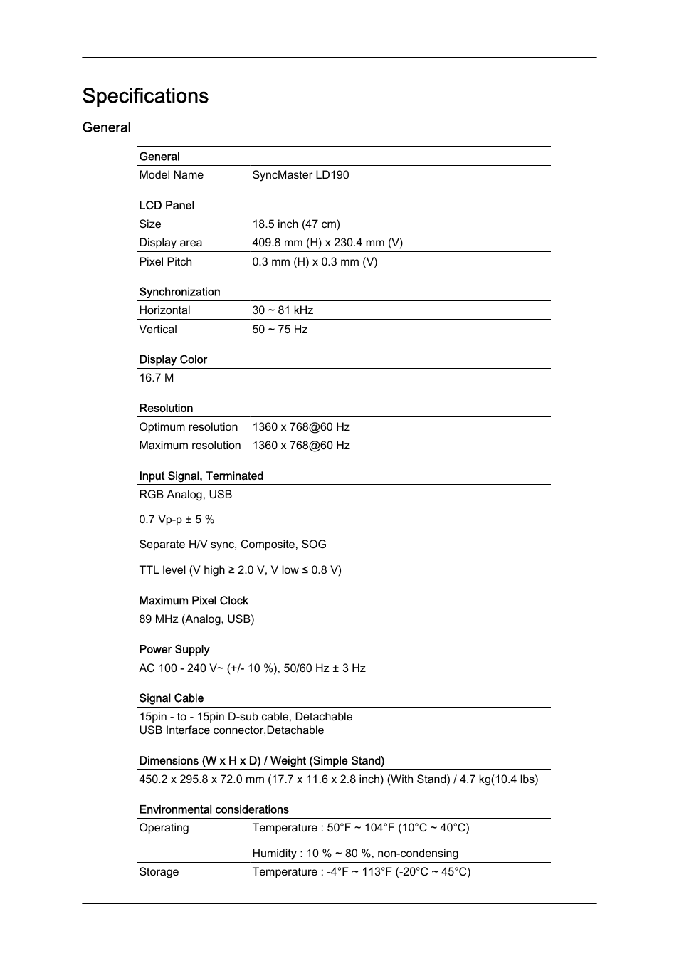Specifications, General | Samsung LS19LFUGFZ-ZC User Manual | Page 45 / 64
