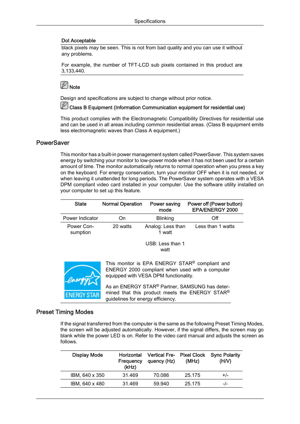 Powersaver, Preset timing modes | Samsung LS19LFUGFZ-ZC User Manual | Page 49 / 64