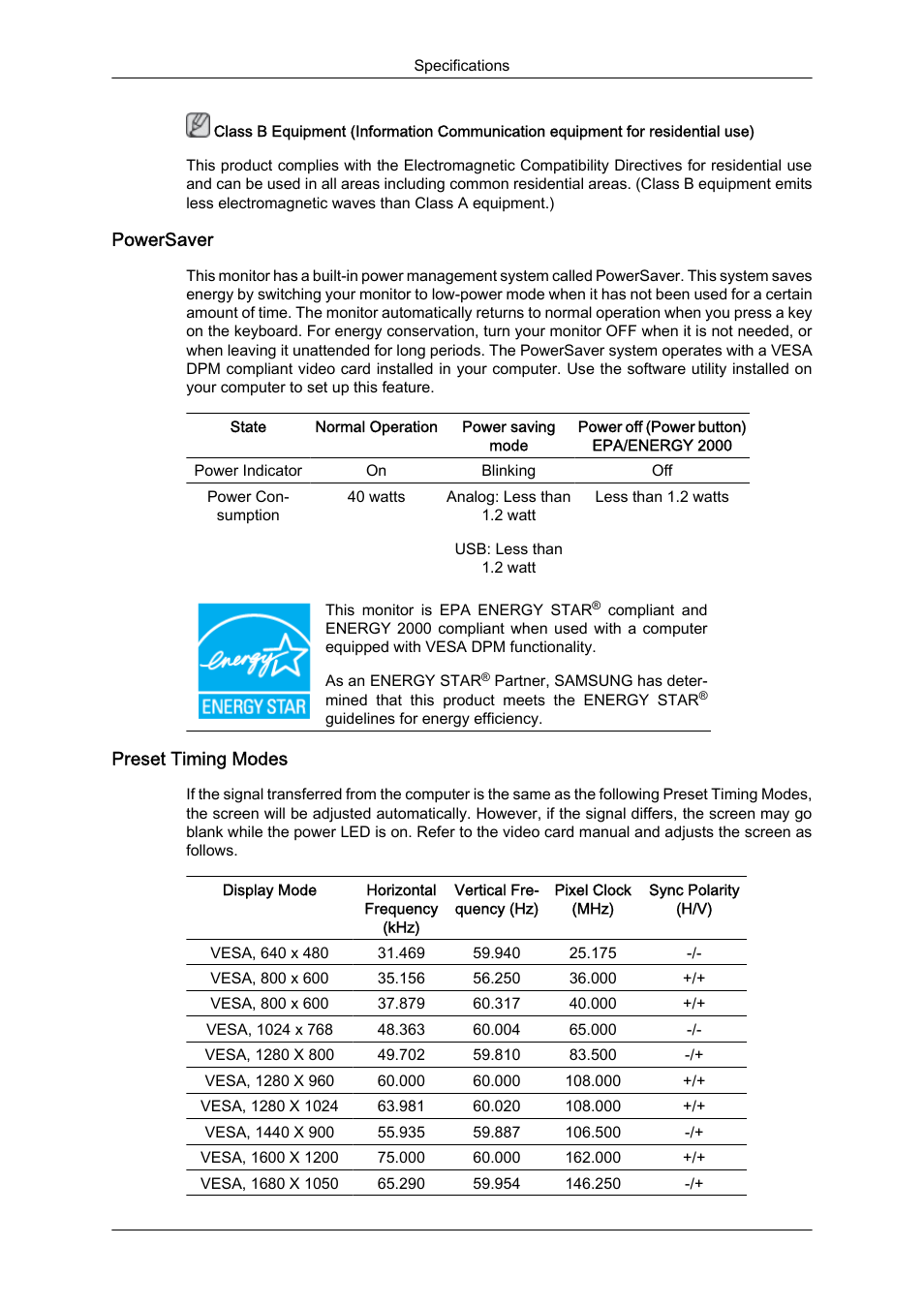 Powersaver, Preset timing modes | Samsung LS19LFUGFZ-ZC User Manual | Page 52 / 64