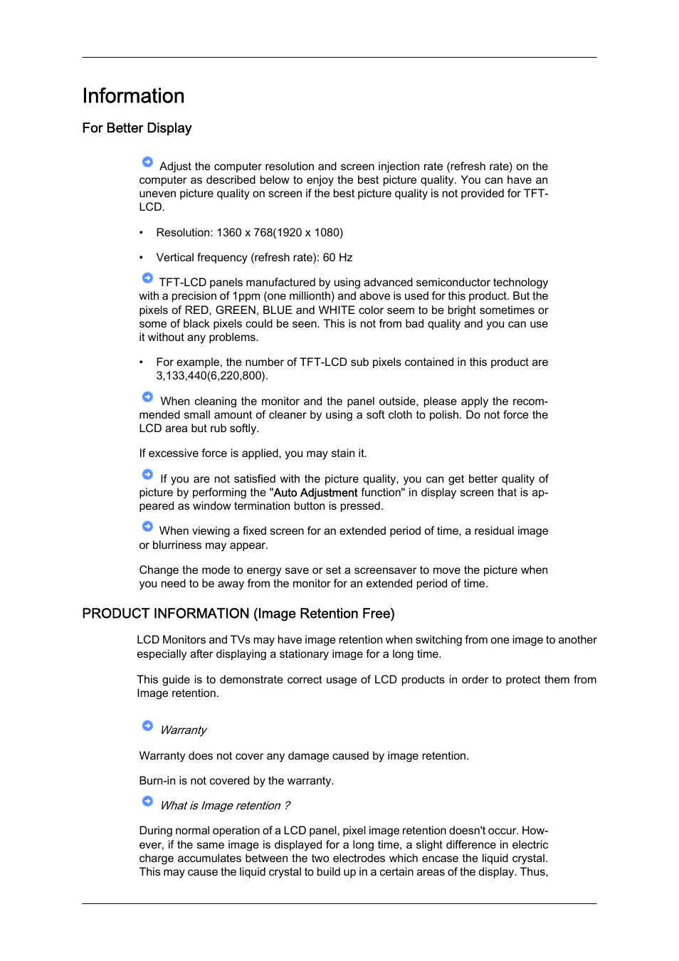 Information, For better display, Product information (image retention free) | Samsung LS19LFUGFZ-ZC User Manual | Page 56 / 64