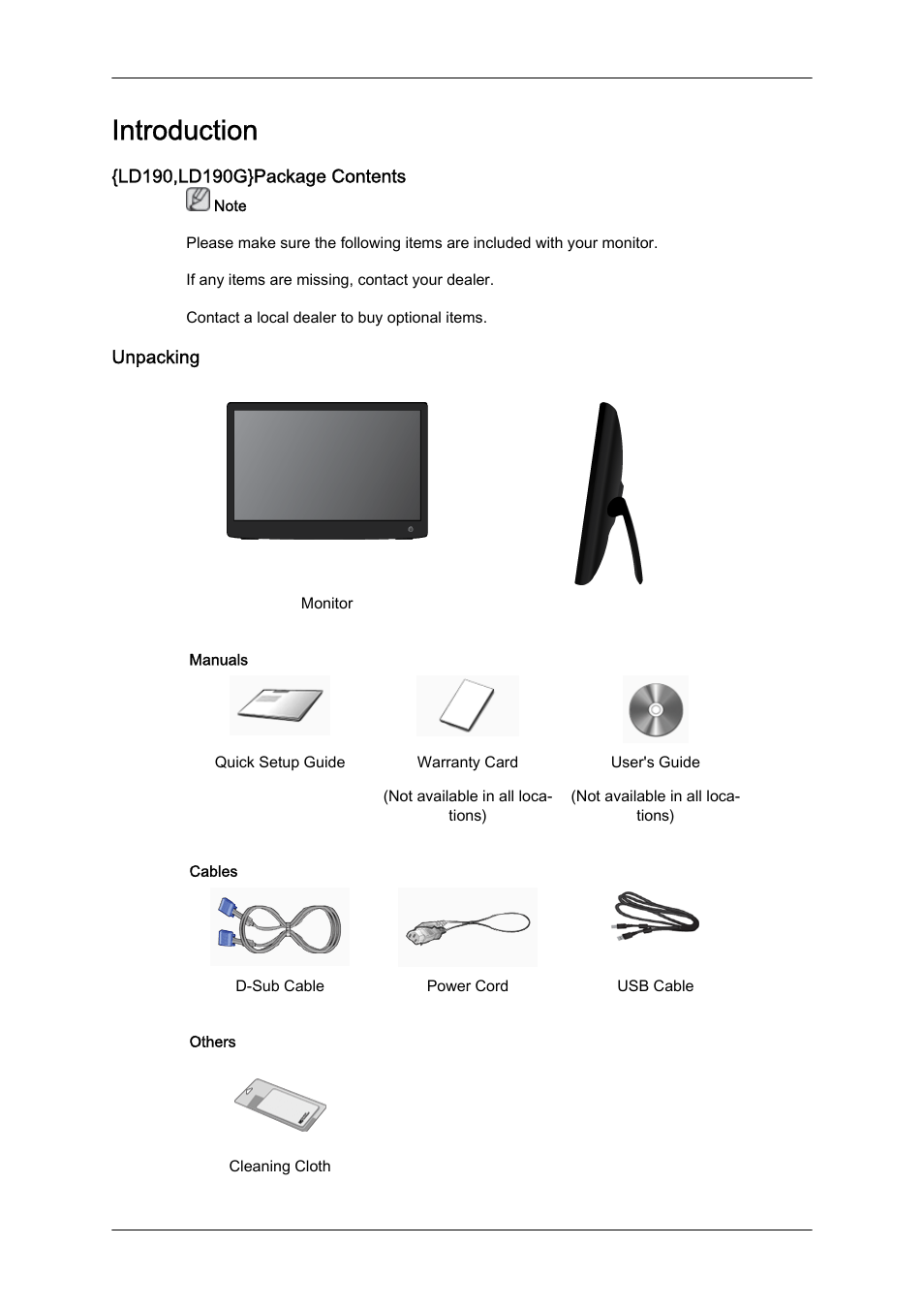Introduction, Ld190,ld190g}package contents, Unpacking | Samsung LS19LFUGFZ-ZC User Manual | Page 9 / 64