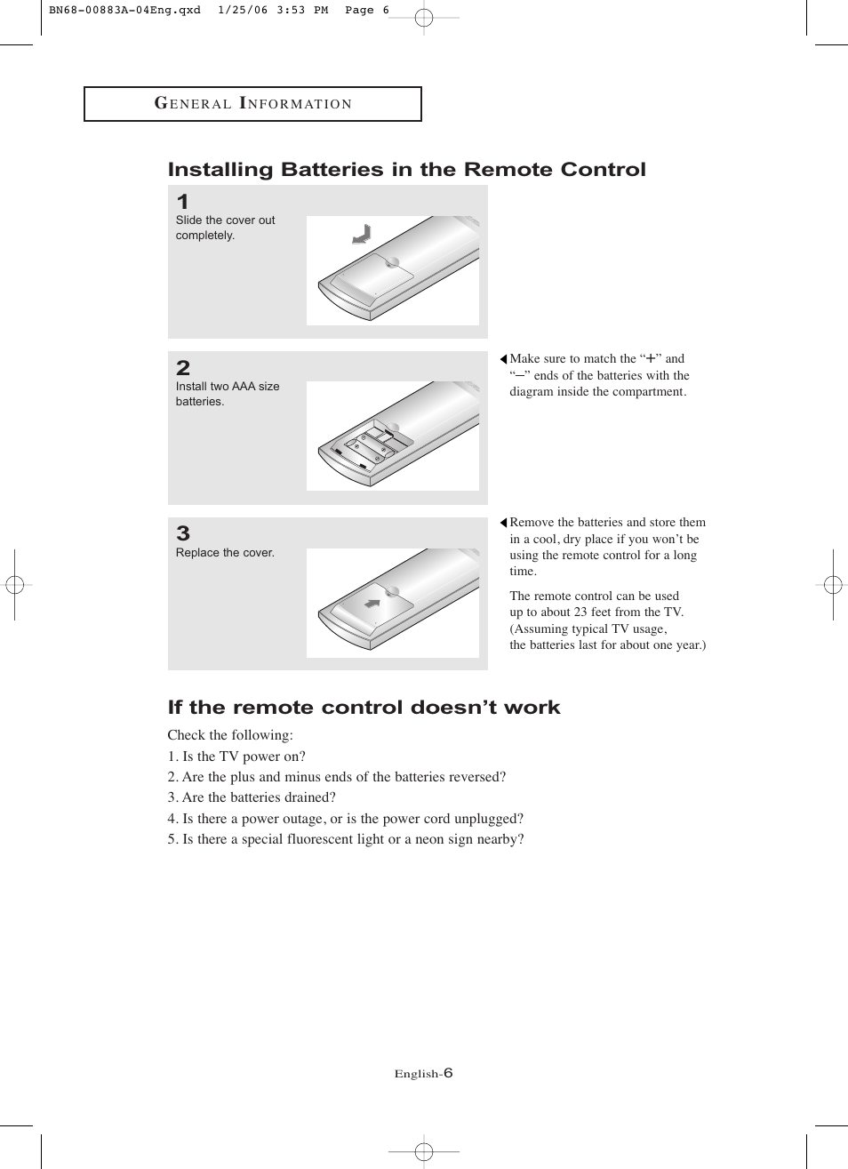 Installing batteries in the remote control, If the remote control doesn’t work | Samsung LNR328WX-XAA User Manual | Page 11 / 88