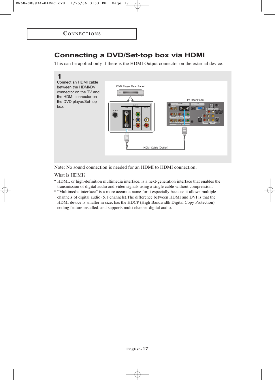 Connecting a dvd/set-top box via hdmi | Samsung LNR328WX-XAA User Manual | Page 22 / 88