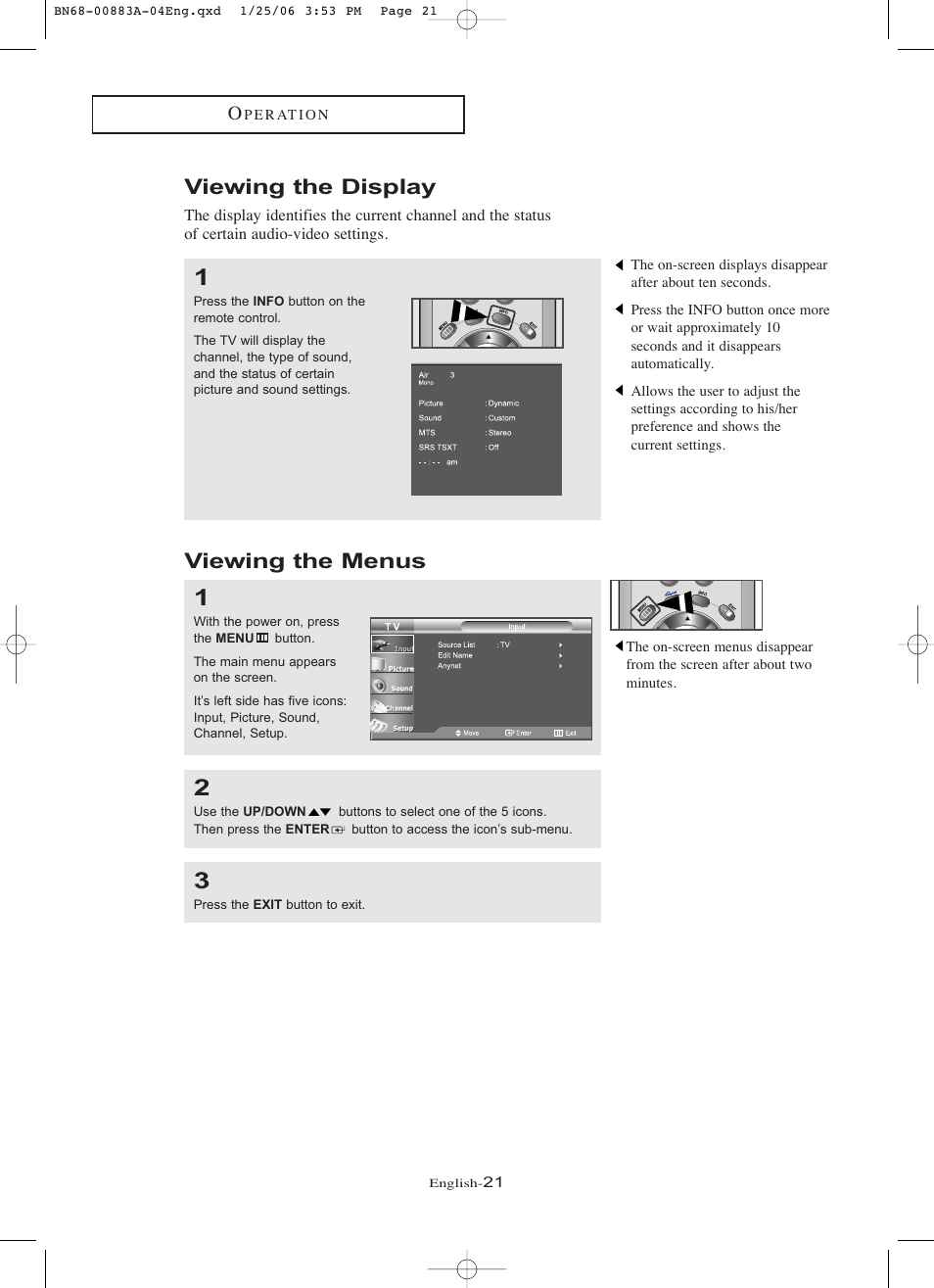 Viewing the display, Viewing the menus | Samsung LNR328WX-XAA User Manual | Page 26 / 88