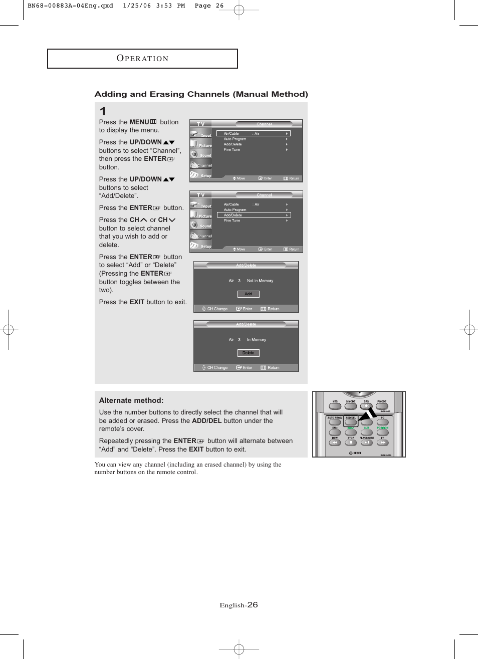 Adding and erasing channels (manual method) | Samsung LNR328WX-XAA User Manual | Page 31 / 88