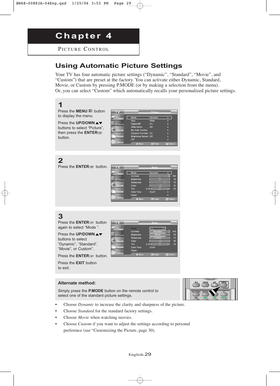 Chapter 4: picture control, Using automatic picture settings | Samsung LNR328WX-XAA User Manual | Page 34 / 88