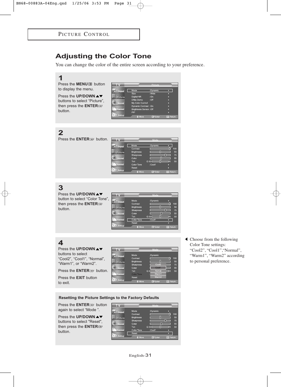 Adjusting the color tone | Samsung LNR328WX-XAA User Manual | Page 36 / 88