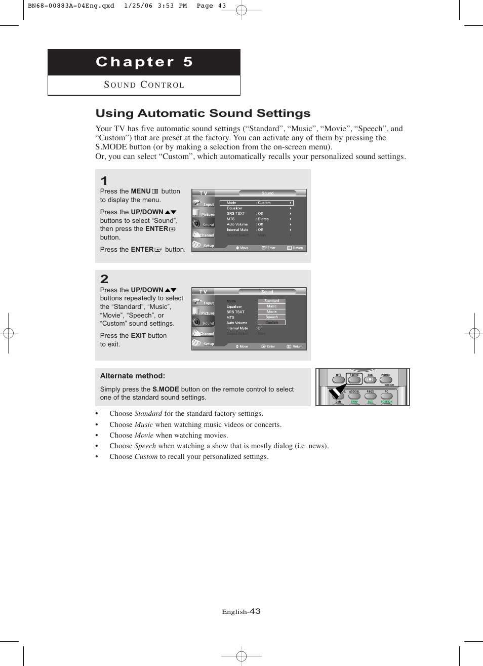 Chapter 5: sound control, Using automatic sound settings | Samsung LNR328WX-XAA User Manual | Page 48 / 88