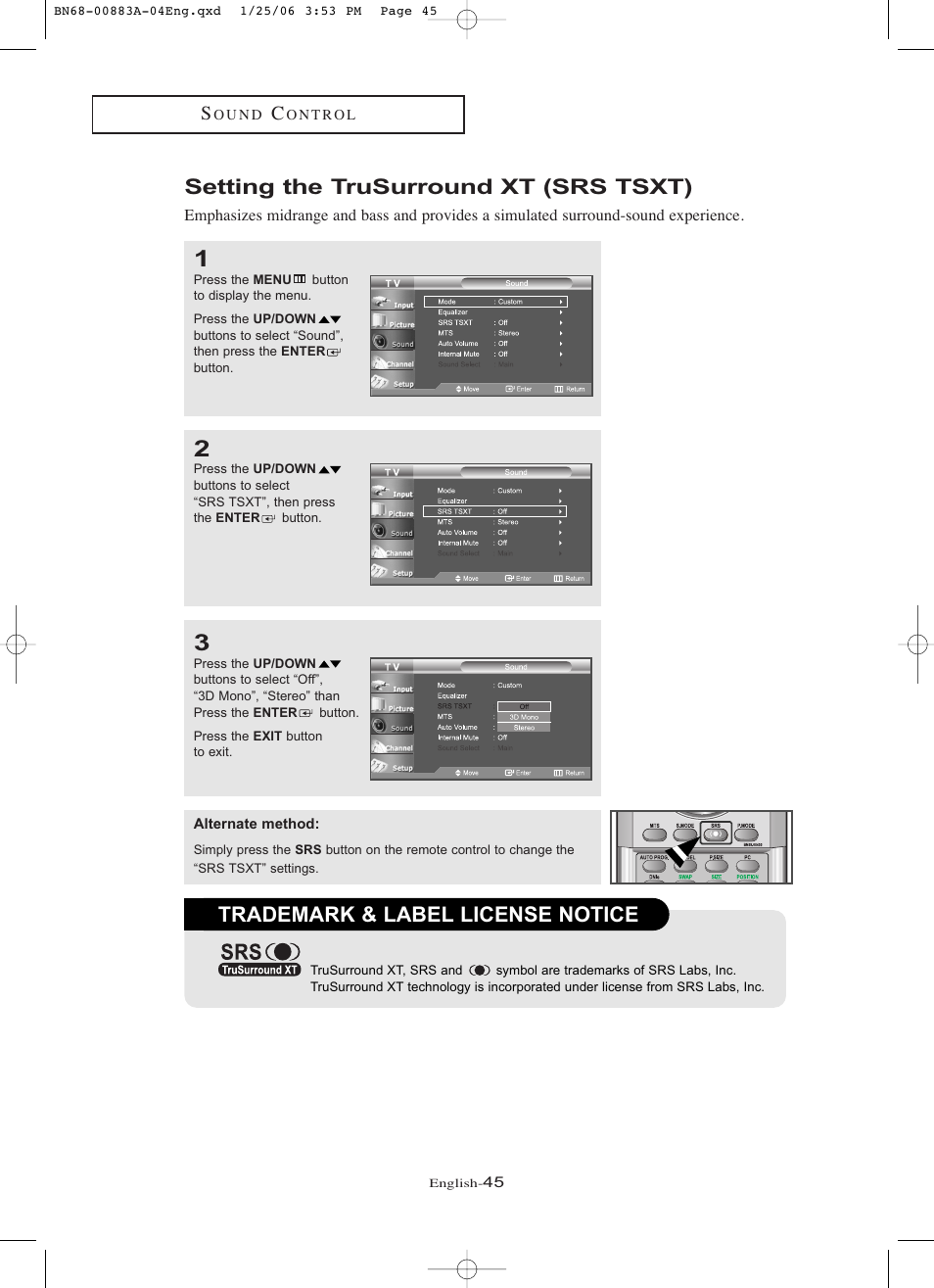 Setting the trusurround xt (srs tsxt), Trademark & label license notice | Samsung LNR328WX-XAA User Manual | Page 50 / 88
