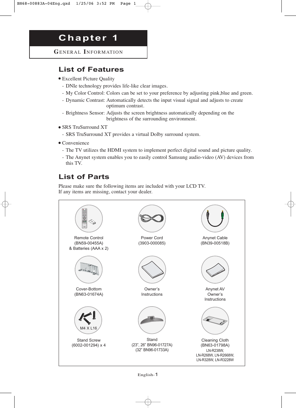 List of features, List of parts | Samsung LNR328WX-XAA User Manual | Page 6 / 88