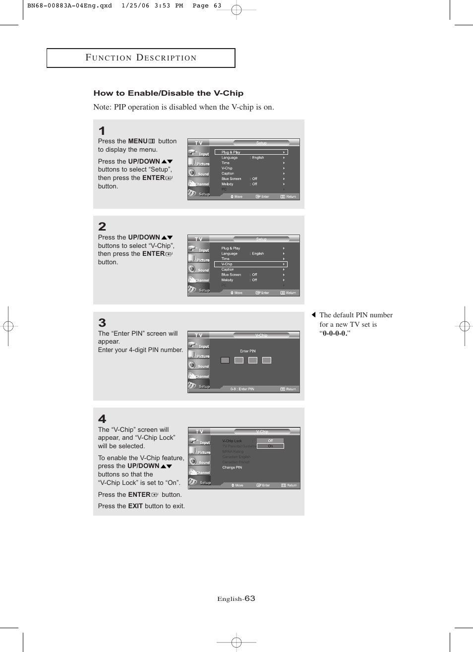 How to enable/disable the v-chip | Samsung LNR328WX-XAA User Manual | Page 68 / 88