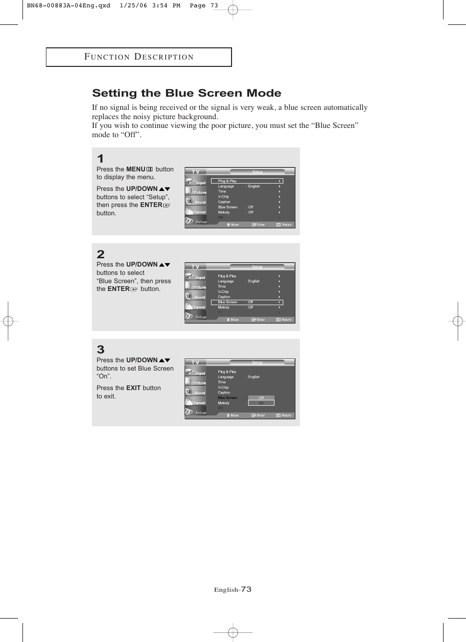 Setting the blue screen mode | Samsung LNR328WX-XAA User Manual | Page 78 / 88