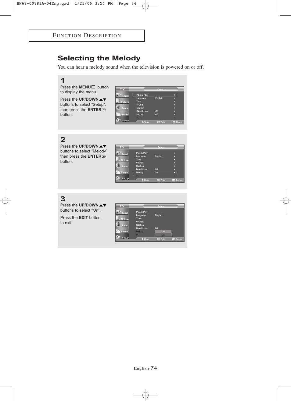 Selecting the melody | Samsung LNR328WX-XAA User Manual | Page 79 / 88