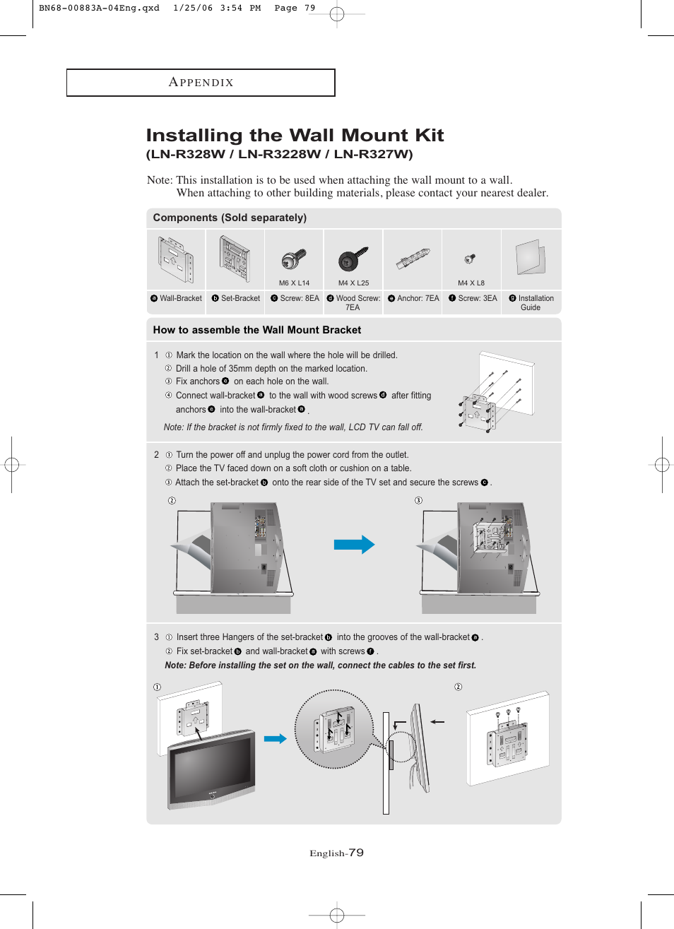 Installing the wall mount kit | Samsung LNR328WX-XAA User Manual | Page 84 / 88