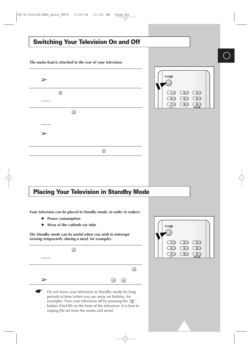 Switching your television on and off, Placing your television in standby mode | Samsung TXR2735X-XAA User Manual | Page 10 / 47