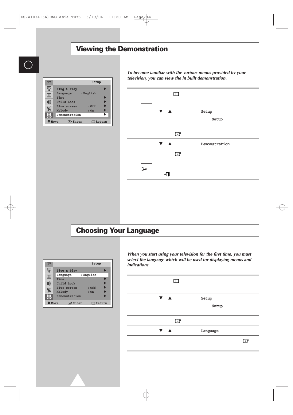 Viewing the demonstration, Choosing your language | Samsung TXR2735X-XAA User Manual | Page 13 / 47