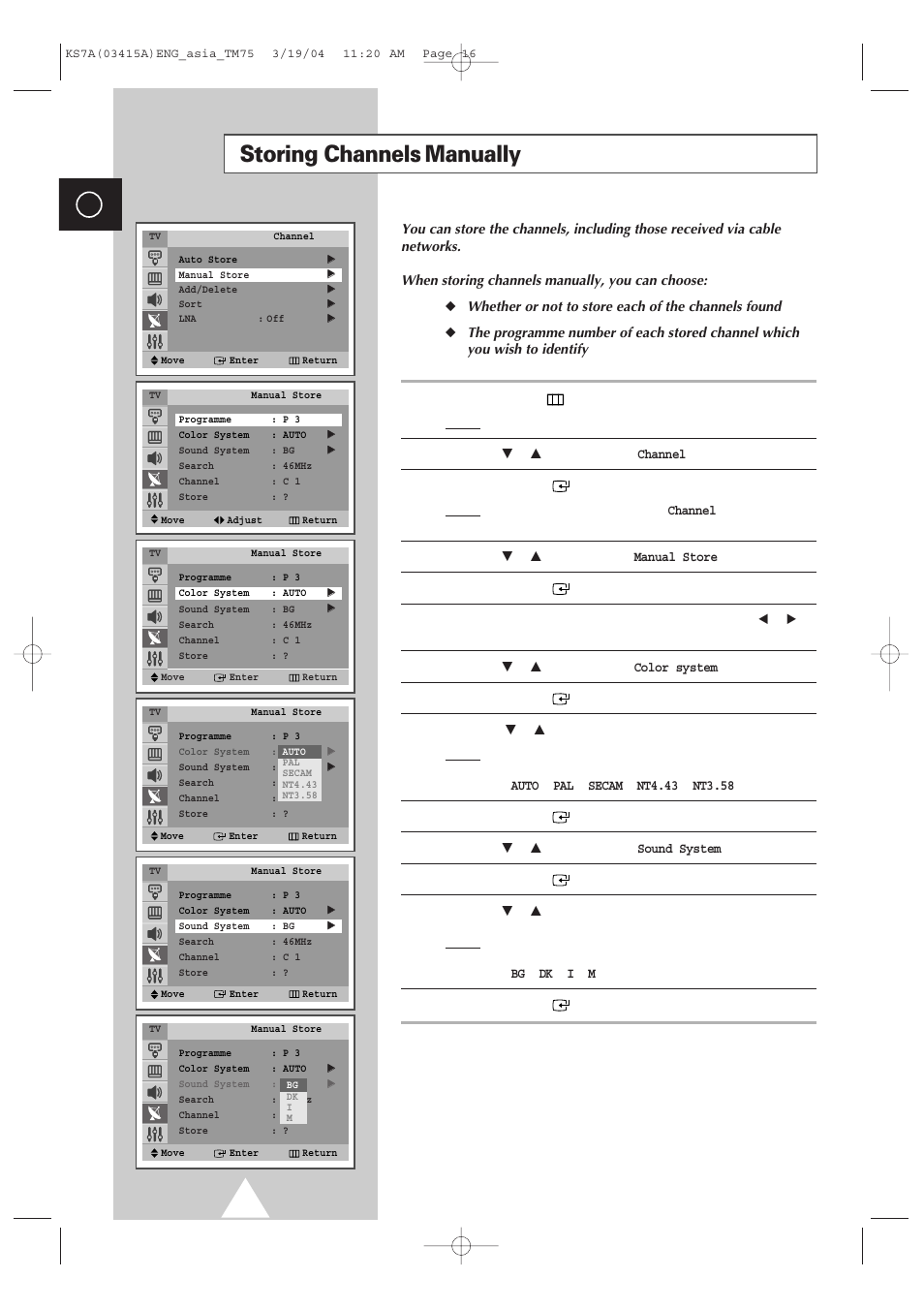 Storing channels manually | Samsung TXR2735X-XAA User Manual | Page 15 / 47