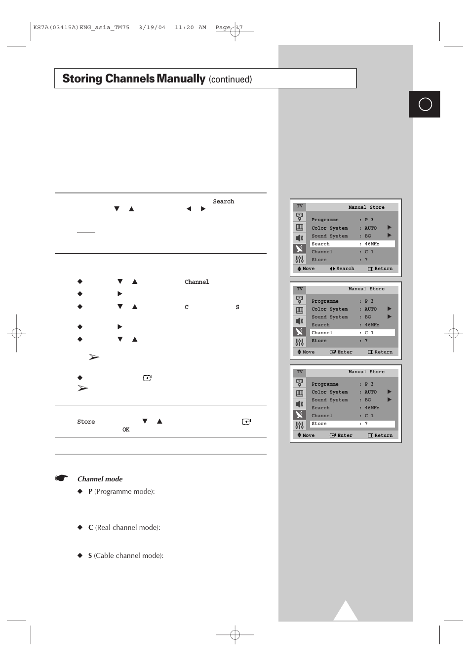Storing channels manually, Continued) | Samsung TXR2735X-XAA User Manual | Page 16 / 47