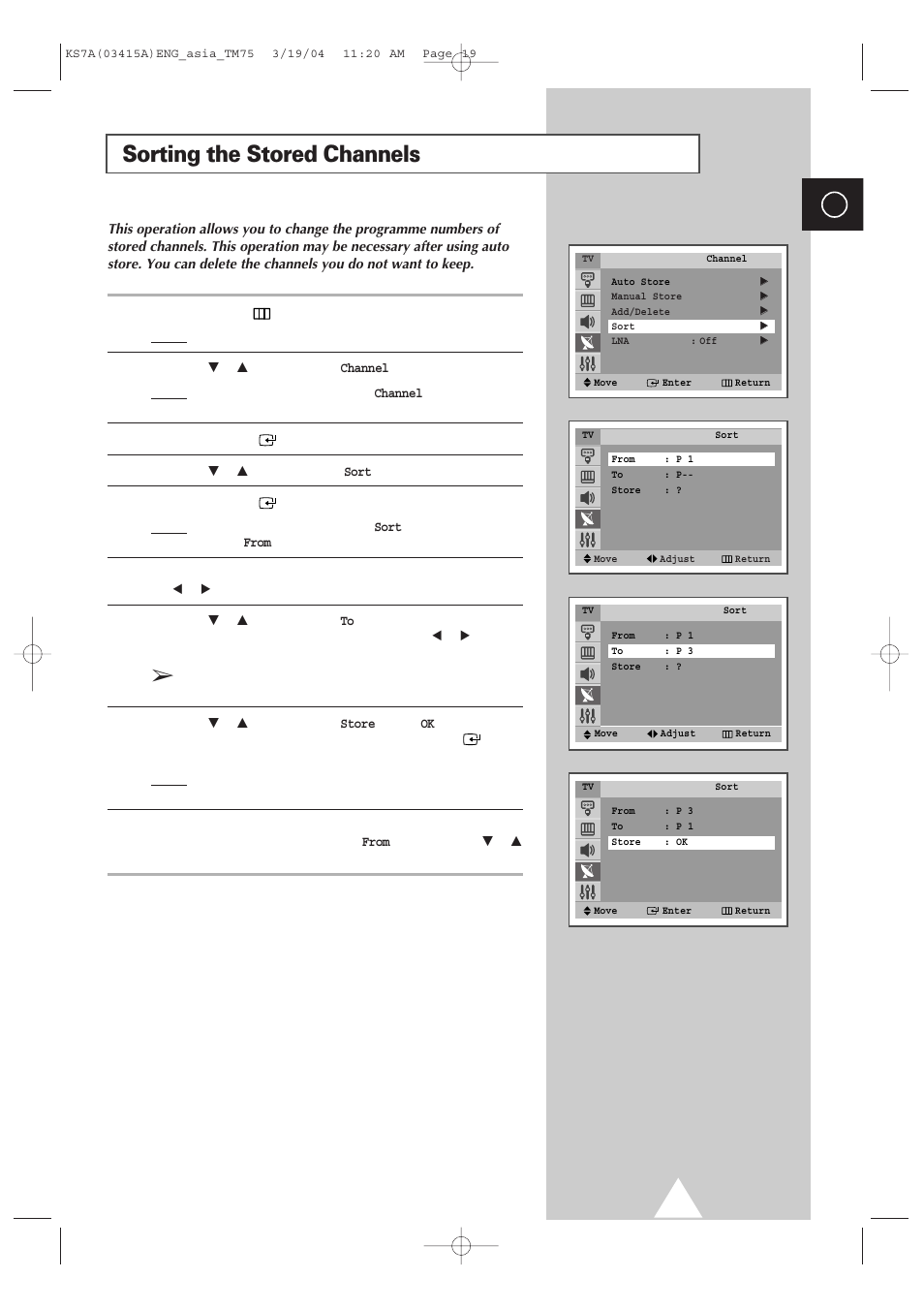 Sorting the stored channels | Samsung TXR2735X-XAA User Manual | Page 18 / 47